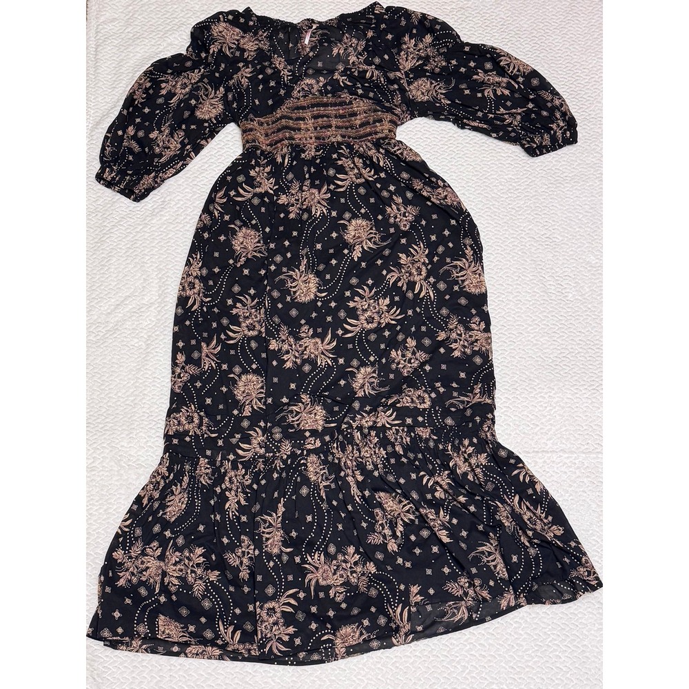 Free People Golden Hour Black Floral Maxi Dress Smocked Puff Sleeve ruffled hem